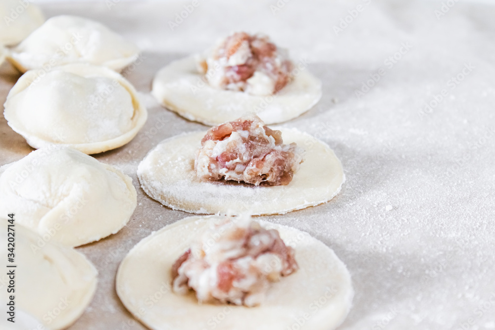 The process of making homemade dumplings. Minced meat on the dough, the process of making homemade dumplings. The process of making homemade dumplings. Minced meat on the dough, the process of making homemade dumplings.