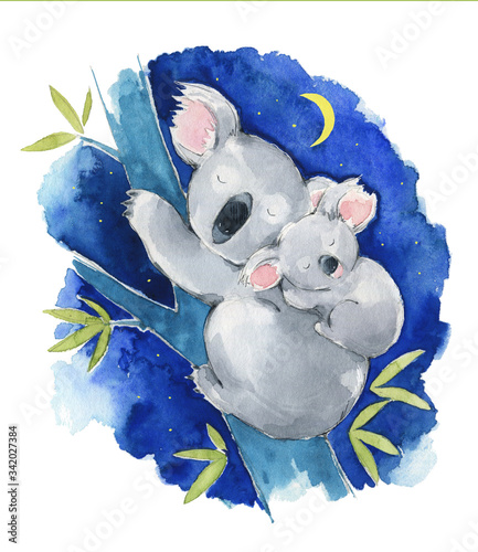 Canvas Print Cute koala family sleeping at night, watercolor illustration