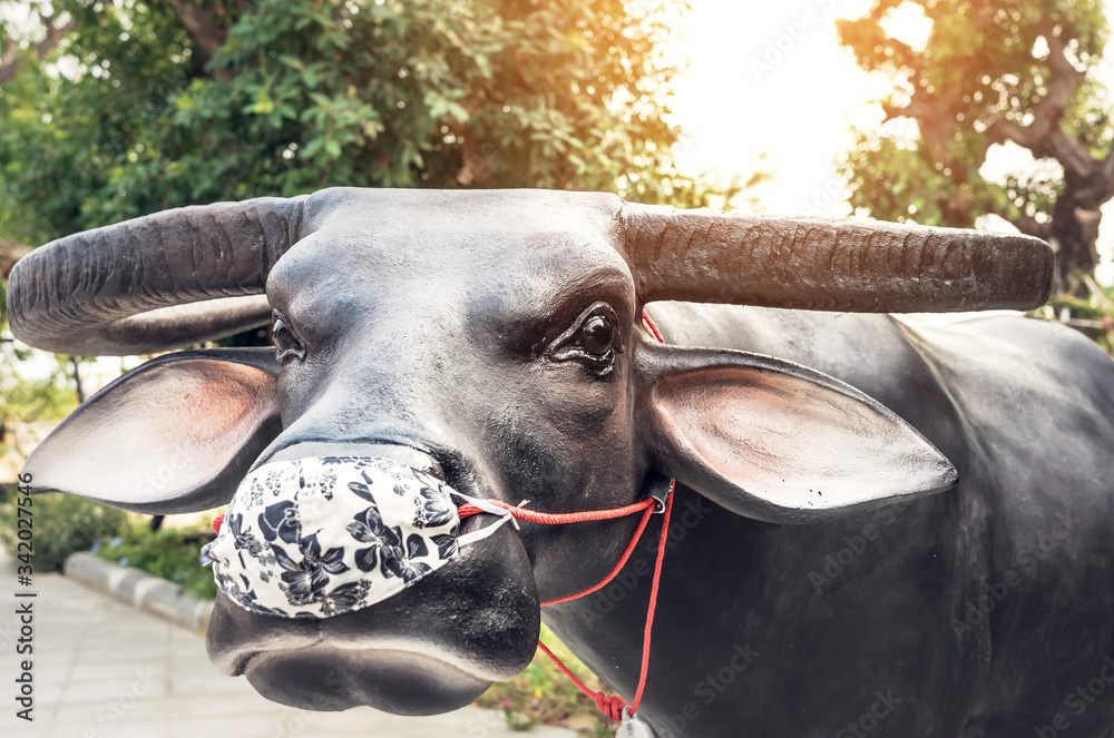 Statue of buffalo wearing mask in the public park to encourage people