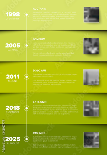 Timeline template with green blocks and photo placeholders