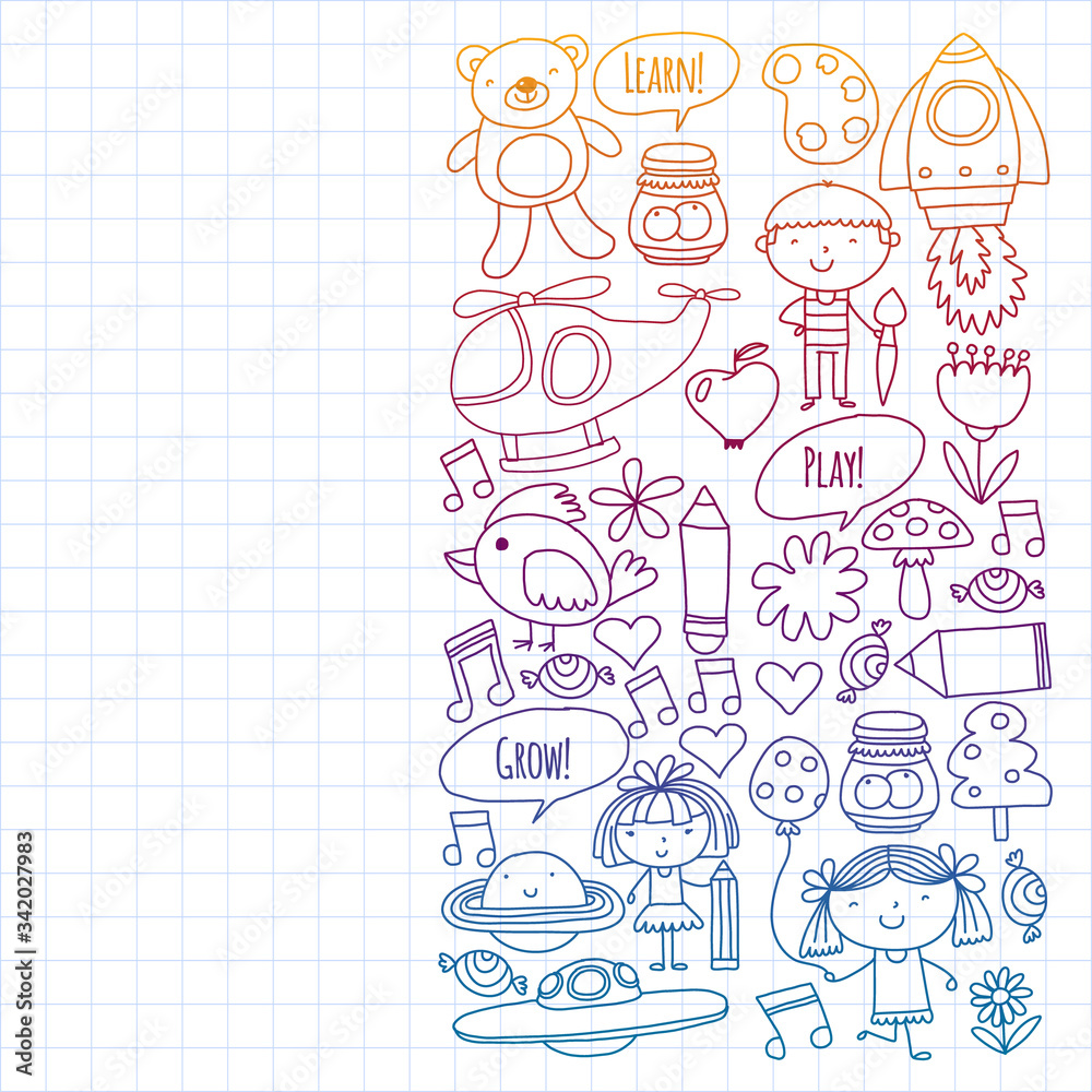 Vector pattern with little children. Kindergarten, play and grow together. Icons of toys and kids in doodle style