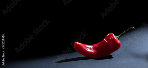 One whole red sweet bell pepper (capsicum, paprika, cayenne, chilli, hot chili, Jalapeno, сubanelle, hungarian wax pepper) isolated on dark gray, black background. Banner or panorama with copy space. photo