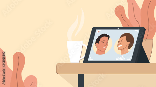 Vector illustration of a tablet with running video conferencing program with portraits of two person talking in cozy room. It represents a concept of work from home, online meeting, videoconference