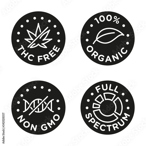 CBD oil icons set including THC free, 100% organic, non GMO, full spectrum