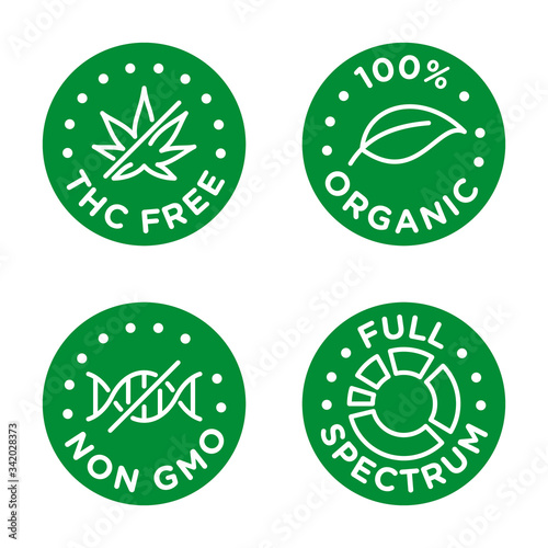 CBD oil icons set including THC free, 100% organic, non GMO, full spectrum