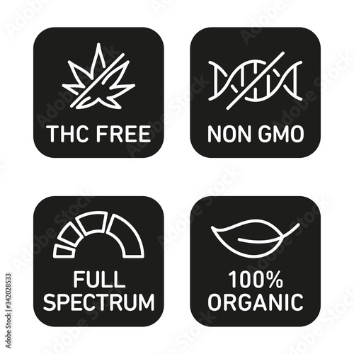 CBD oil icons set including THC free, 100% organic, non GMO, full spectrum