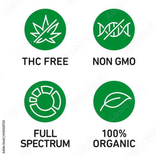 CBD oil icons set including THC free, 100% organic, non GMO, full spectrum