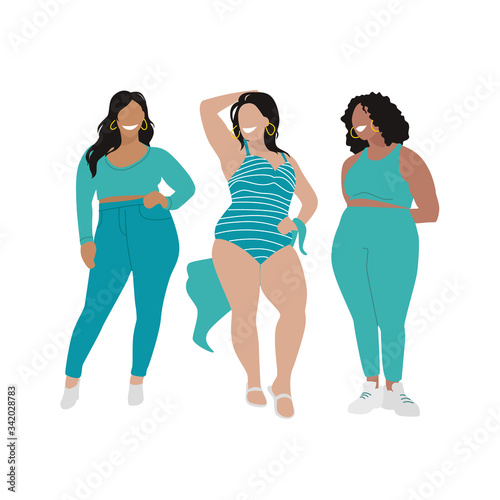 Model plus size in blue clothes flat and beautiful style on white background. Cartoon style. Concept design. Happy woman.