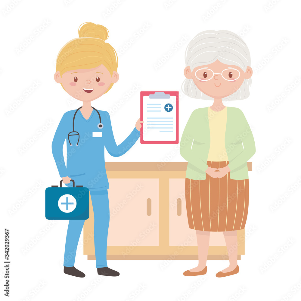 Doctor with old woman furniture document and kit vector design Doctor with old woman furniture document and kit vector design