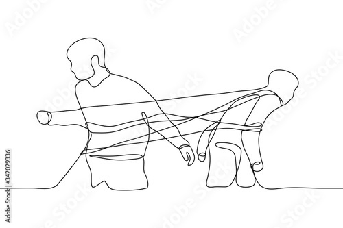 two men are trying to break out of the bonds that bind them. Close people are tired of each other, trying to get out of the fetters, ropes in which they are entangled. Can be used for animation.