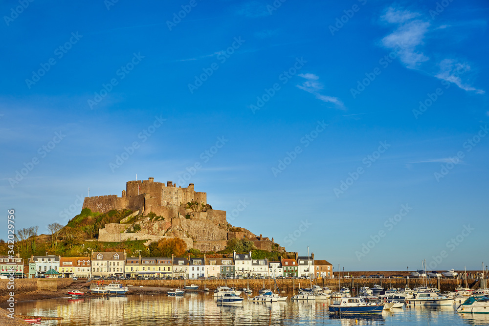 Image of Gorey harbour with Gorey castle in the background, Jersey Channel Islands
