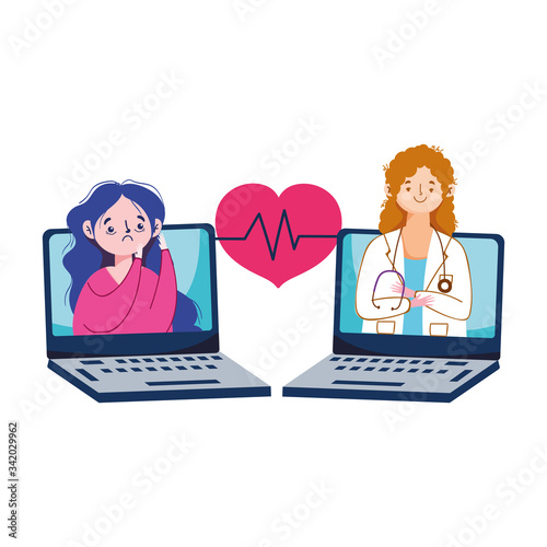 Sick woman doctor laptops and heart pulse vector design