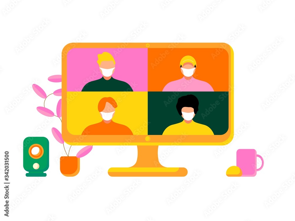 Colleagues talk to each other on the computer screen in medical masks. Conference video call, working from home. Colleagues talk to each other on the computer screen in medical masks. Conference video call, working from home.