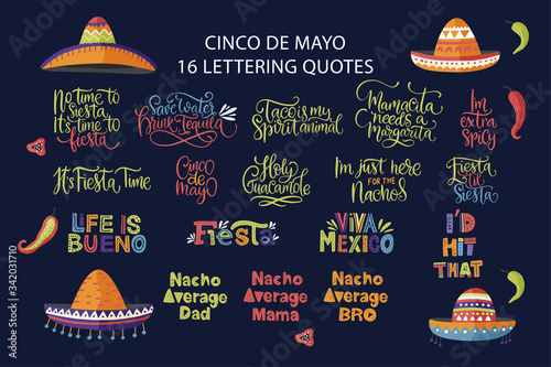 Cinco de Mayo holiday vector lettering set. Calligraphy Mexican fiesta party hand drawn collection. Typography greeting festival quotes. Viva Mexico.