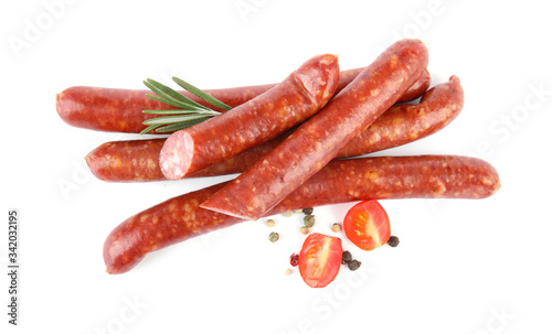 Tasty sausages on white background. Meat product