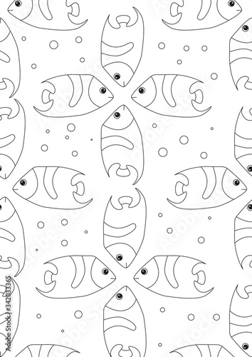 Seamless pattern or coloring page with cute fish for adults, outline vector stock illustration of tropical fish in the sea or ocean in a4 format as anti stress therapy