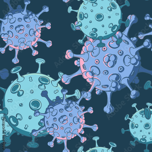 SARS-CoV-2 virion schematic representation. Seamless pattern with irregular and asymmetric elements distribution. White background. EPS10 vector illustration