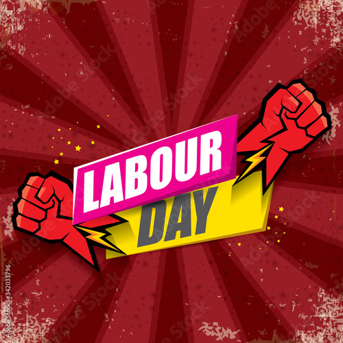 1 may Happy labour day vector label with strong protest fist in the air on bintage red background with rays. vector happy labor day background or banner with man hand. workers may day poster