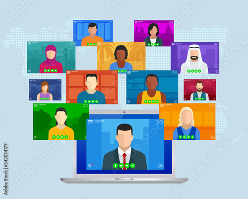 Video conference. Online meeting work form home. Home office. Multiethnic business team. Stay at home and work from home concept during Coronavirus pandemic