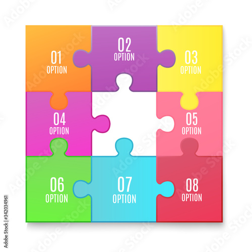 Jigsaw puzzle poster with 8 connected colorful option tiles and missing piece