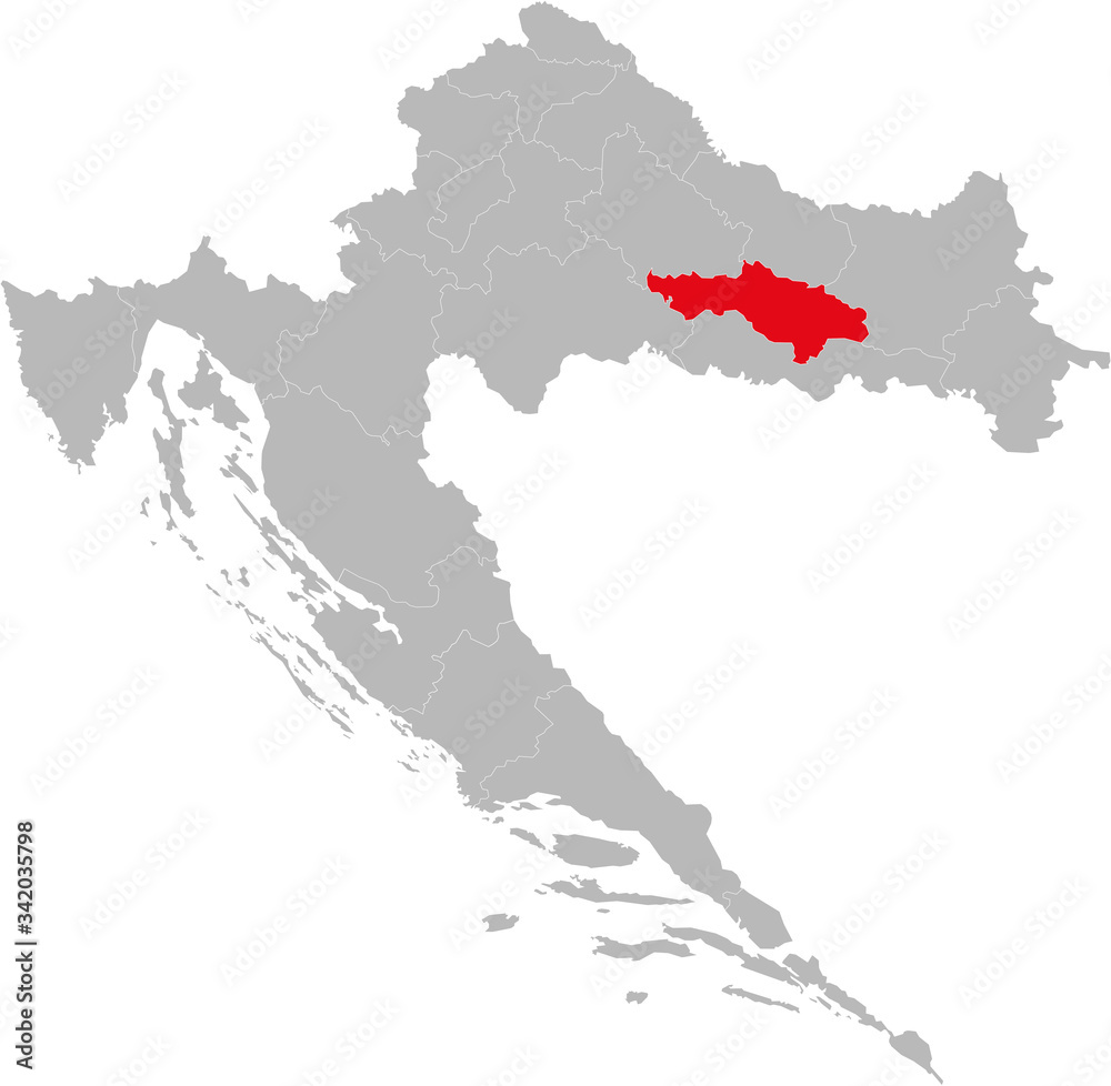 Požega-Slavonia county highlighted on Croatia map. Light gray background. Perfect for Business concepts, backgrounds, backdrop, sticker, chart, presentation and wallpaper.