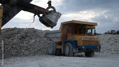 Heavy Mining Dump Truck Being Loaded With Iron Ore in pit