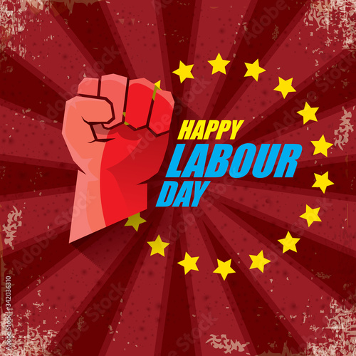 1 may Happy labour day vector label with strong protest fist in the air on bintage red background with rays. vector happy labor day background or banner with man hand. workers may day poster