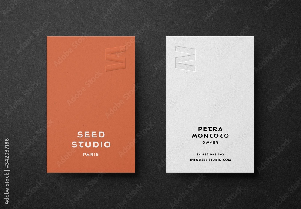 Vertical Business Card with Embossed Logo Mockup Stock Template