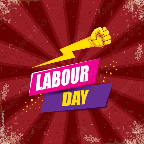1 may Happy labour day vector label with strong protest fist in the air on bintage red background with rays. vector happy labor day background or banner with man hand. workers may day poster