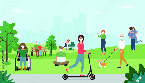People in masks in the park during or after quarantine. Coronavirus covid-19  social distansing concept. Vector illustration in flat style
