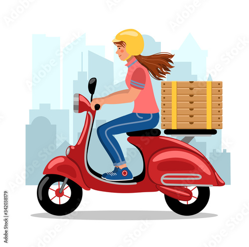 Woman driver with a pizza on the city background. Safety scooter delivery and service concept. Woman courier character riding moped with the boxes of pizza. Vector illustration in flat style.