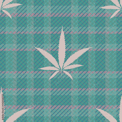 Cannabis leaves seamless vector pattern background. Teal and pink hemp foliage on tartan plaid backdrop. Stylish botanical marijuana design. All over print for wellness, health concept,packaging,print
