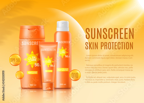 Sunscreen skin protection ad poster mockup with orange cosmetic bottles