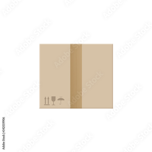 Upper view square cardboard box, realistic vector mockup illustration isolated.