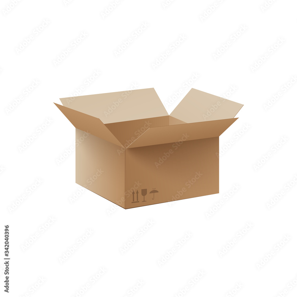 Realistic open cardboard box with package shipping symbols