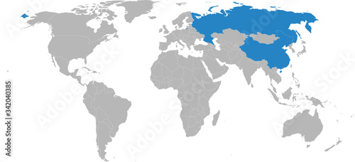 Russia, china highlighted on world map. Light gray background. Business concepts, diplomatic, health, travel, trade and transport relations.