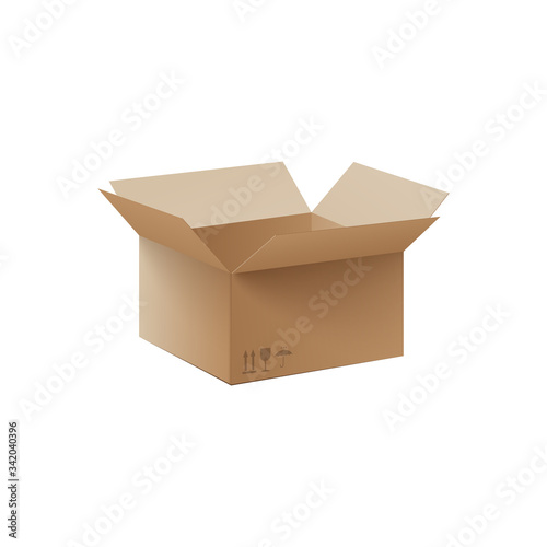 Realistic open cardboard box with package shipping symbols © sabelskaya