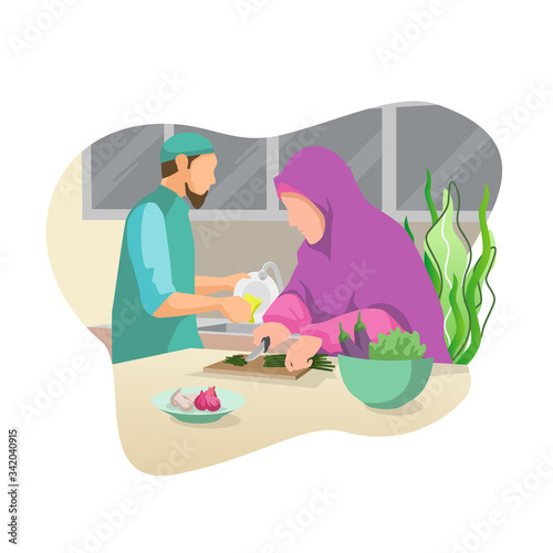 Muslim husbands help their wives finish homework helping to wash dishes and cook in the kitchen according to the example of the Prophet Muhammad
