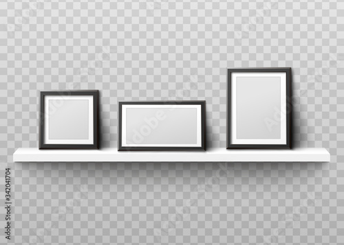 Mockup of photo frames on shelf realistic vector illustration isolated.