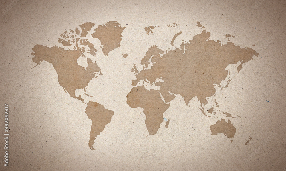 world map silhouete on old paper surface  - obrazy, fototapety, plakaty 