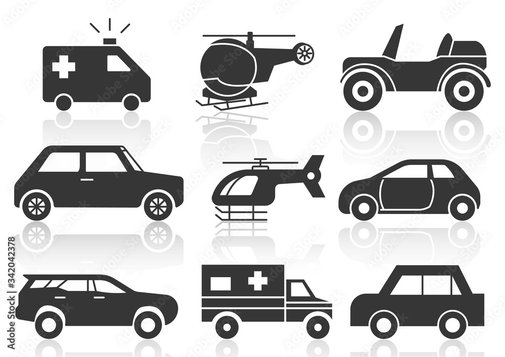 Solid icons set, transportation. Car side view. Helicopter, emergency ambulance and shadow. vector illustrations.