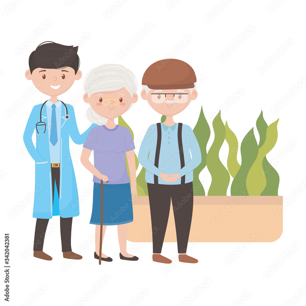 Doctor old woman man and plant inside pot vector design