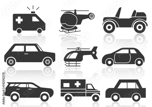 Solid icons set, transportation. Car side view. Helicopter, emergency ambulance and shadow. vector illustrations.