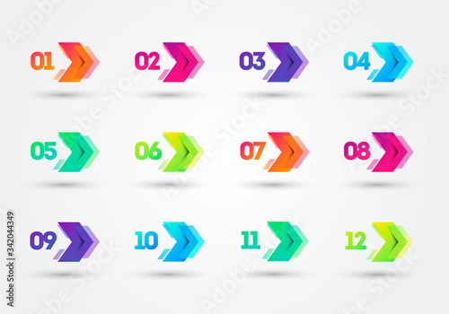 Vector Illustration Modern Colorful Bullet Points With Number 1 To 12. Arrows In Cyber Look