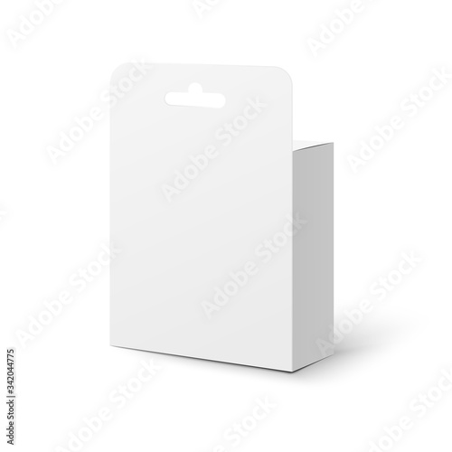Realistic retail box tab pack mockup with hanger hole from back view