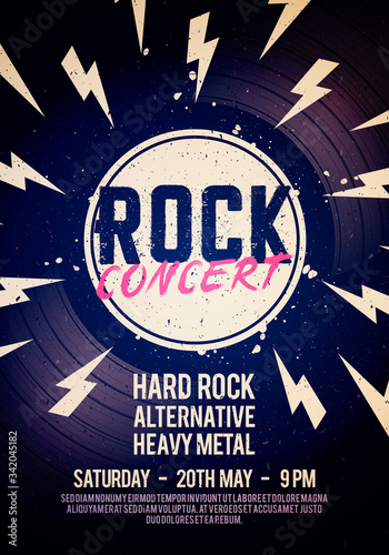 Vector Illustration Rock Concert Poster With Text, LP And Grunge Effect.
