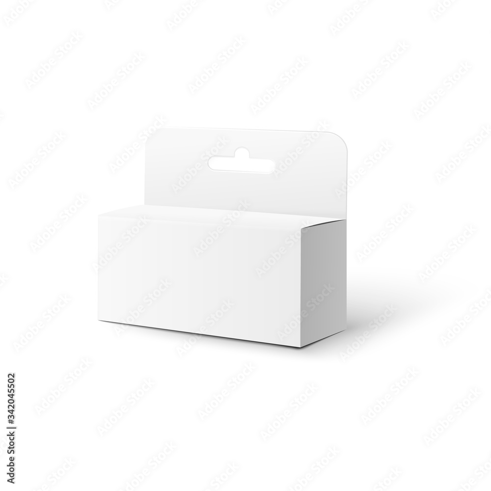 Realistic white box pack mockup with hang tab isolated on white background Realistic white box pack mockup with hang tab isolated on white background