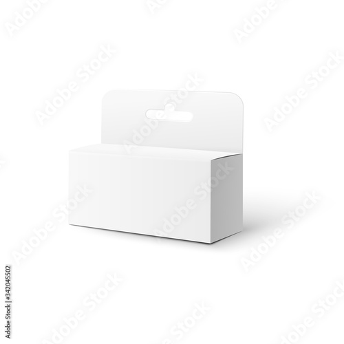 Realistic white box pack mockup with hang tab isolated on white background