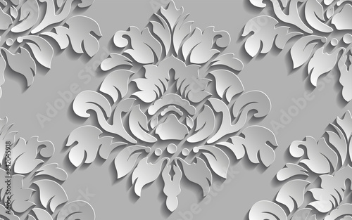 Vector damask seamless pattern background. Elegant luxury texture for wallpapers, backgrounds and page fill. 3D elements with shadows and highlights.