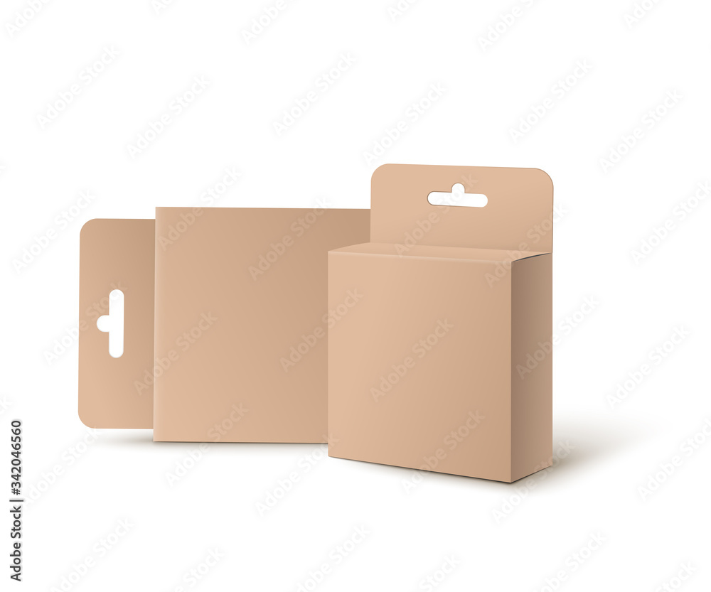 Mockup of cardboard boxes with hang loop, realistic vector illustration isolated. Mockup of cardboard boxes with hang loop, realistic vector illustration isolated.